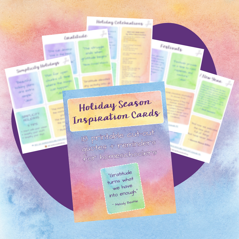 This is a mockup of 18 printable Holiday Season Inspiration Cards for homeschoolers.